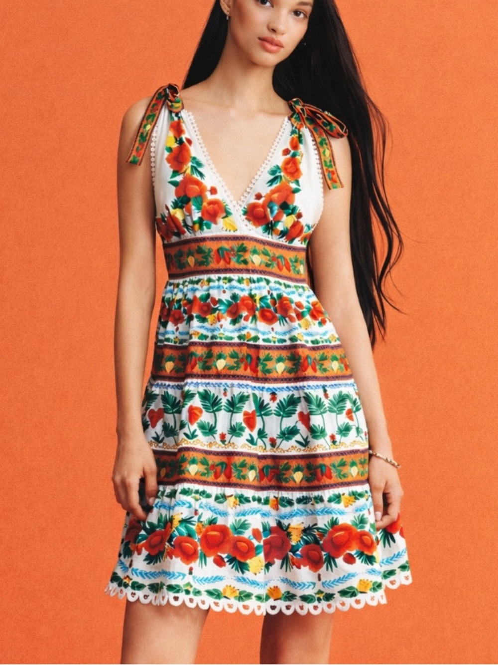 FARM Rio White V-Neck Tiered Mini Dress 38205